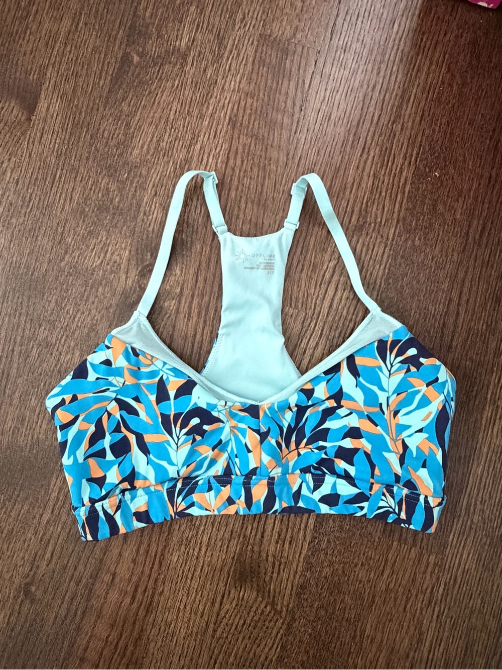 Aerie Offline: Leaf-Print Racerback Sports Bra in Blue and Orange